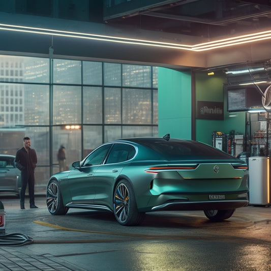 A futuristic garage scene with a sleek, silver sedan in mid-conversion, surrounded by tools and EV conversion kit components, with a subtle green glow and a cityscape background with a few EVs driving by.