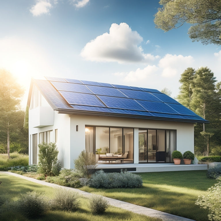 A serene, modern home exterior with solar panels installed on the roof, surrounded by lush greenery and a bright blue sky with a few white, puffy clouds.