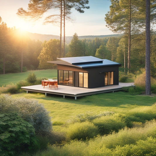 A serene landscape with a modern, eco-friendly cabin in the distance, surrounded by lush greenery, featuring a rooftop solar panel array and a sleek, black battery bank in the foreground.