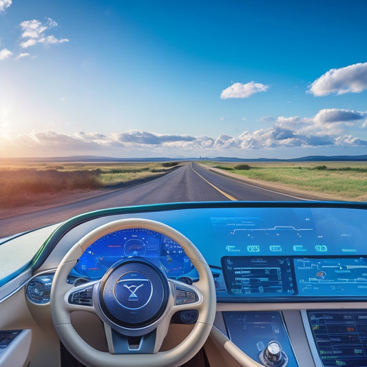 A futuristic dashboard with sleek, modern lines, displaying a grid of solar panels with flashing green lights, surrounded by gauges, charts, and graphs, set against a bright blue sky with fluffy white clouds.