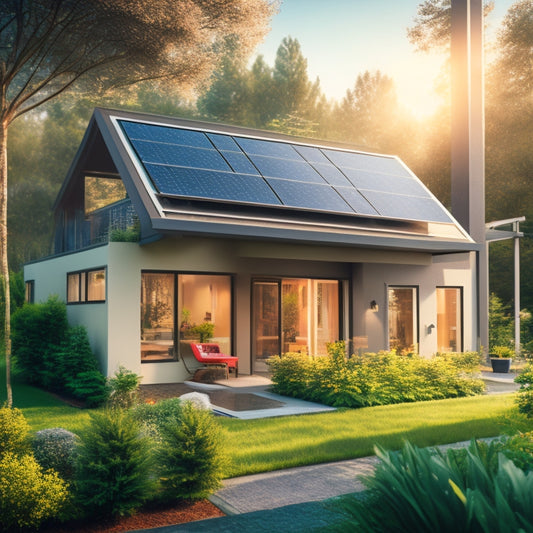 An illustration of a small, modern suburban house with a roof-mounted solar panel array, surrounded by lush greenery and a few meters of electrical wiring connecting to a sleek, compact inverter.