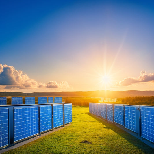 A futuristic landscape with sleek, silver solar panels and rows of modern, compact battery storage units, surrounded by a network of glowing blue circuits and wires, set against a bright, sunny sky.