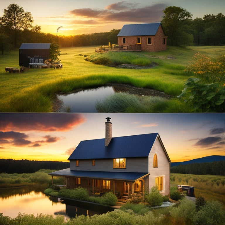 Generate an image of a serene, off-grid homestead at sunset, featuring a rooftop solar array, wind turbine, and battery bank, surrounded by lush greenery and a meandering stream.