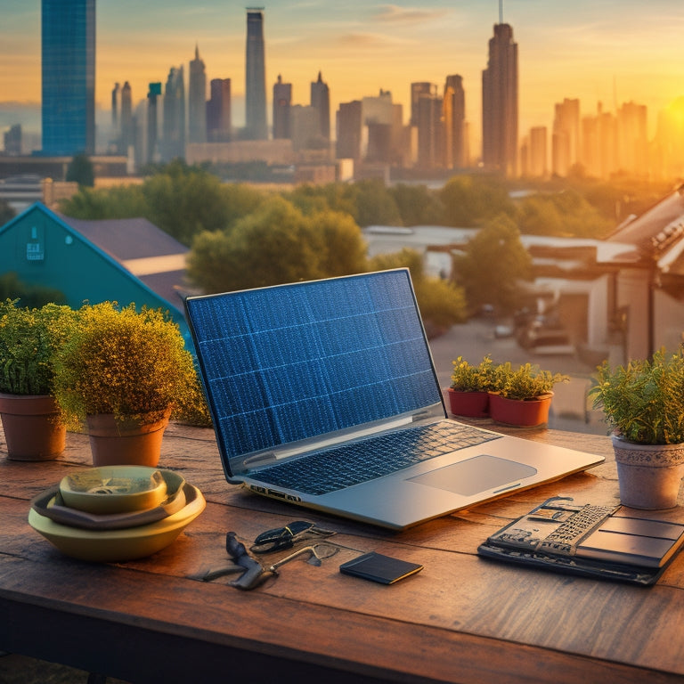 A vivid illustration of a laptop on a desk surrounded by solar panels, wires, and tools, with a subtle cityscape or suburban background, conveying a blend of technology and sustainability.