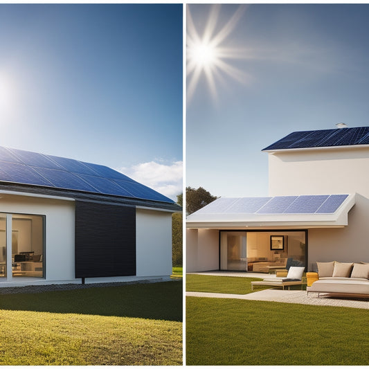 A split-screen image featuring a modern home with solar panels on the left and a sleek, compact battery storage unit on the right, with a subtle grid pattern in the background.