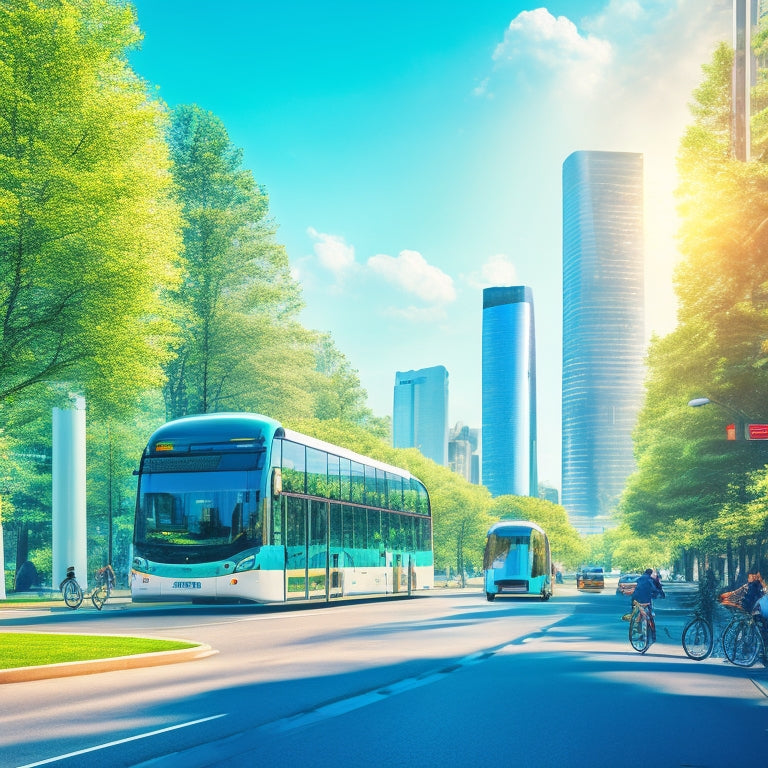 A futuristic cityscape with sleek, electric buses, bicycles, and scooters zipping by, amidst lush greenery, with a blurred background of towering skyscrapers and a bright blue sky.