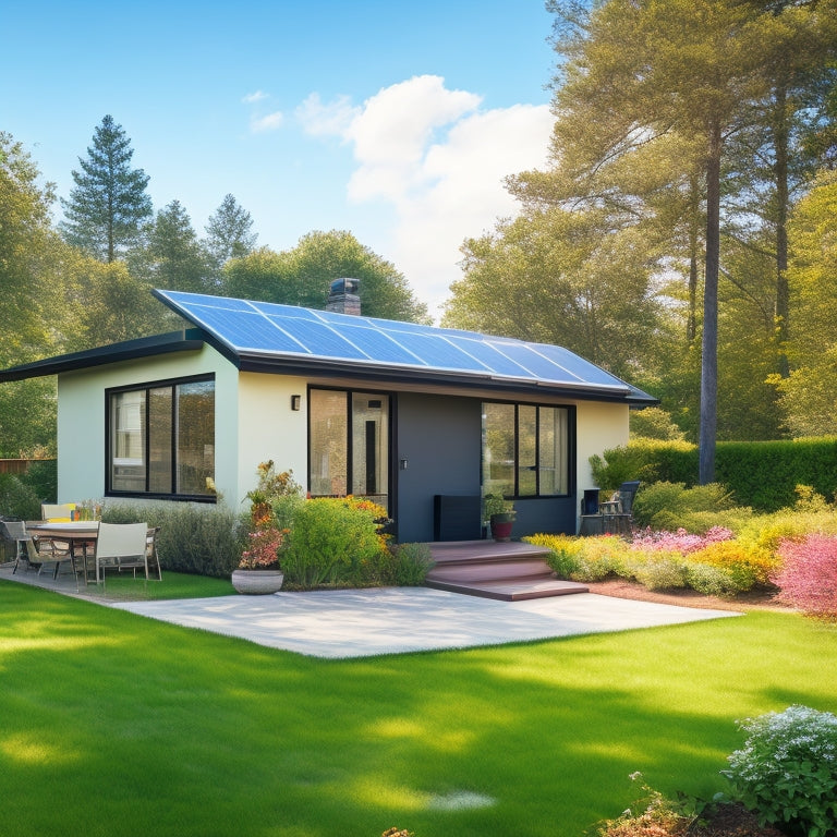 A serene, sunny backyard with a modern, eco-friendly home featuring a sleek, black solar panel array on the roof, surrounded by lush greenery and a few fluffy white clouds.