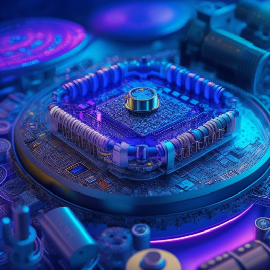 An intricate illustration of a lithium-ion battery's internal structure, with swirling electrons and ions in shades of blue and purple, surrounded by gears, circuits, and tiny robots assembling components.