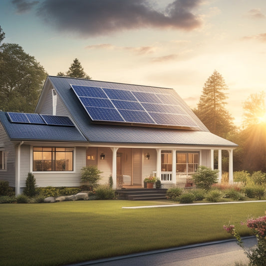 A serene suburban home with solar panels installed on its roof, surrounded by lush greenery, with a subtle sunburst in the background and a faint grid of electrical lines in the foreground.