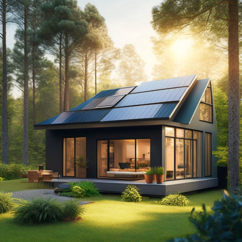 An illustration of a small, modern home with a sleek, dark-roofed solar panel system, surrounded by lush greenery, with a subtle sun shining down, casting a warm glow.