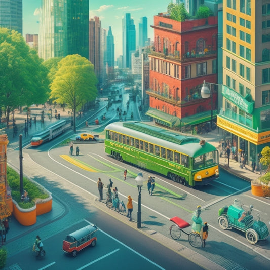 A vibrant illustration depicting a bustling cityscape with a mix of scooters, buses, and trains, showcasing seamless connections between modes of transportation, with green spaces and pedestrian paths.