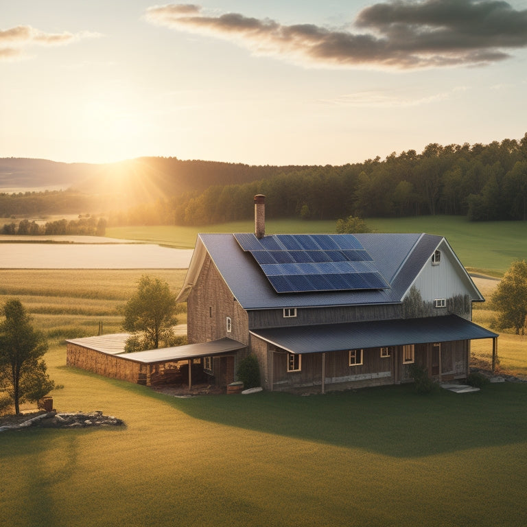 A serene rural landscape with a rustic farmhouse, surrounded by rolling hills and a few scattered trees, featuring a robust solar panel system on the rooftop, with a bright sunny sky in the background.