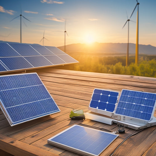 An illustration of a rooftop solar panel array with a laptop and smartphone nearby, displaying a dashboard with graphs and charts, surrounded by icons of money, efficiency, and sustainability symbols.