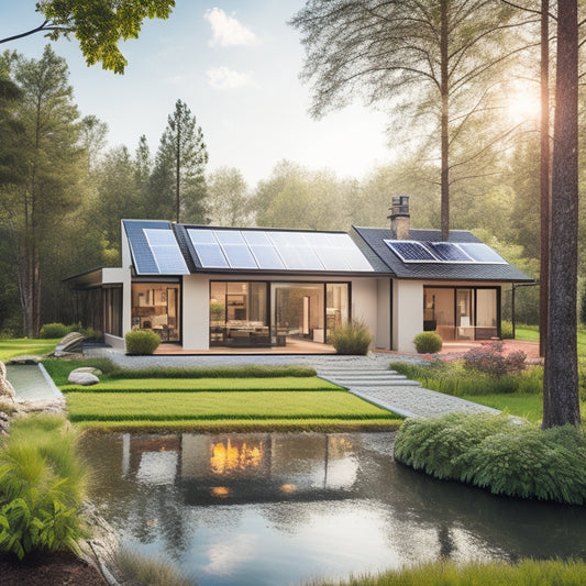 A serene, modern home with solar panels on the roof, a sleek battery storage system visible through a large window, and a lush green backyard with a few trees and a small pond.