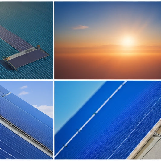 A split-screen illustration featuring a solar panel installation on a rooftop on one side, and a close-up of a solar battery with a subtle grid pattern in the background on the other.