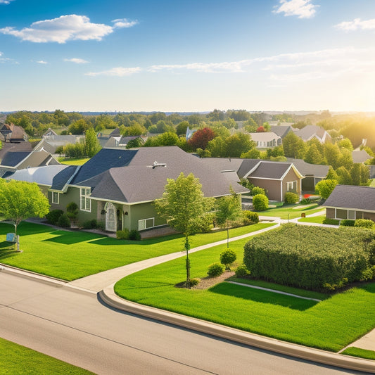 A serene suburban neighborhood with various houses, each with solar panels installed on rooftops, under a clear blue sky with a few puffy white clouds and a bright sun shining down.