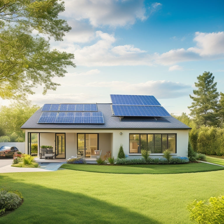 A serene suburban home with solar panels installed on the roof, surrounded by lush greenery, with a bright sunny sky and a few fluffy white clouds, conveying a sense of eco-friendliness and sustainability.