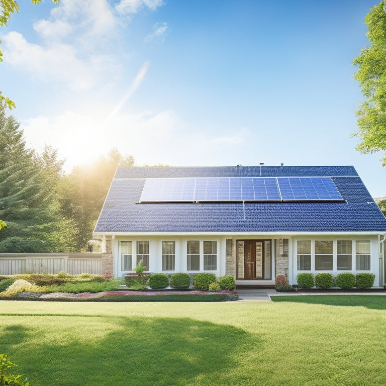 A serene suburban home with sleek, silver-framed solar panels on the roof, angled towards the sun, amidst a bright blue sky with puffy white clouds and lush greenery surrounding the property.