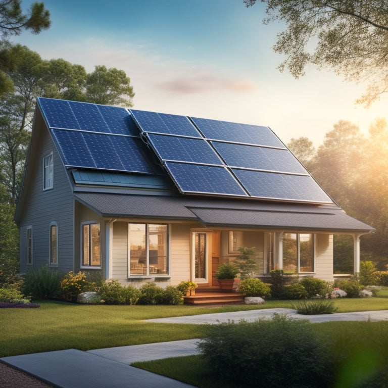 A serene suburban home with solar panels installed on its roof, surrounded by lush greenery, with a subtle sunny glow and a faint grid of prices and calculations in the background.