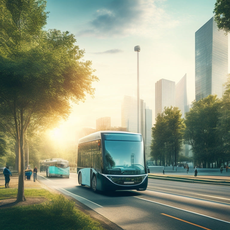 A futuristic cityscape with sleek, electric cars and buses moving in harmony, interconnected routes and schedules displayed on digital screens, amidst a backdrop of greenery and modern architecture.