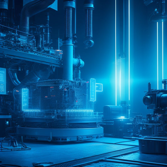 A futuristic industrial background with sleek machinery, glowing blue circuits, and neon lights; a giant wrench and a tablet with a checklist hover above, surrounded by sparks and energy pulses.