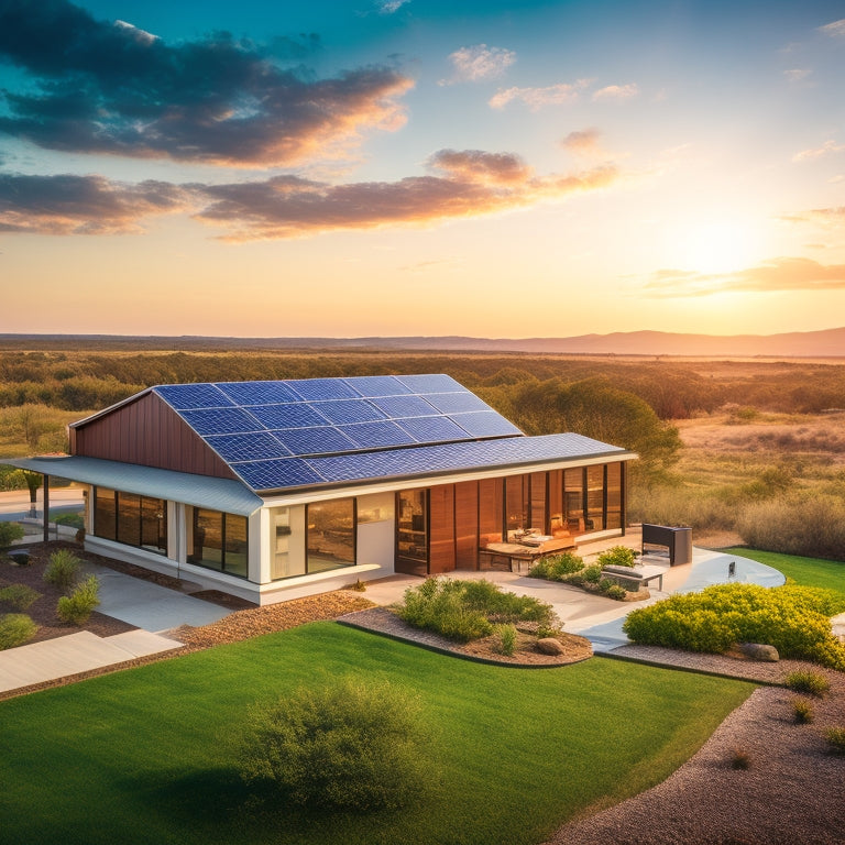 An image featuring a sun-kissed Texas landscape with a modern home and commercial building in the background, both adorned with sleek, high-efficiency solar panels.