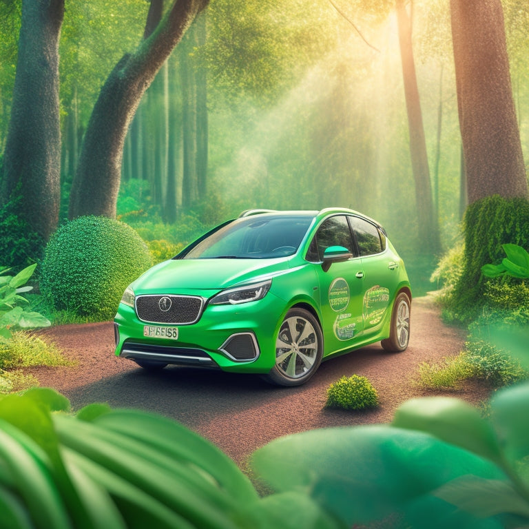 An illustration featuring a green car surrounded by lush greenery, with eco-friendly automotive products and recycling symbols in the background, conveying a sense of sustainability and eco-friendliness.