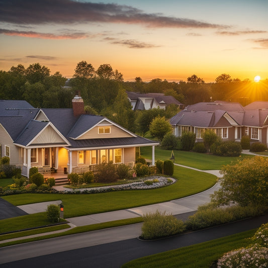 A serene suburban neighborhood at sunset, with rooftops adorned with sleek solar panels, surrounded by lush greenery and a faint sunburst in the background, symbolizing a sustainable future.