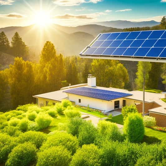 A serene California landscape with a modern solar panel array on a rooftop, surrounded by lush greenery, with a subtle California state flag waving in the background, and a faint grid of measurements and calculations in the foreground.