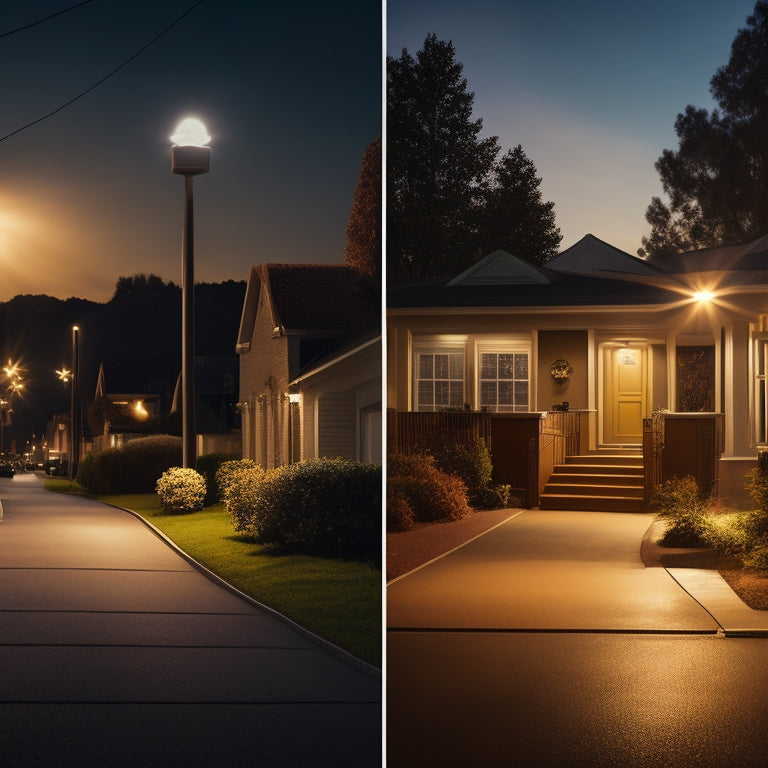 An illustration depicting two contrasting scenes: a residential area with solar floodlights illuminating a walkway, and a city street with traditional street lights casting a yellow glow on the pavement.