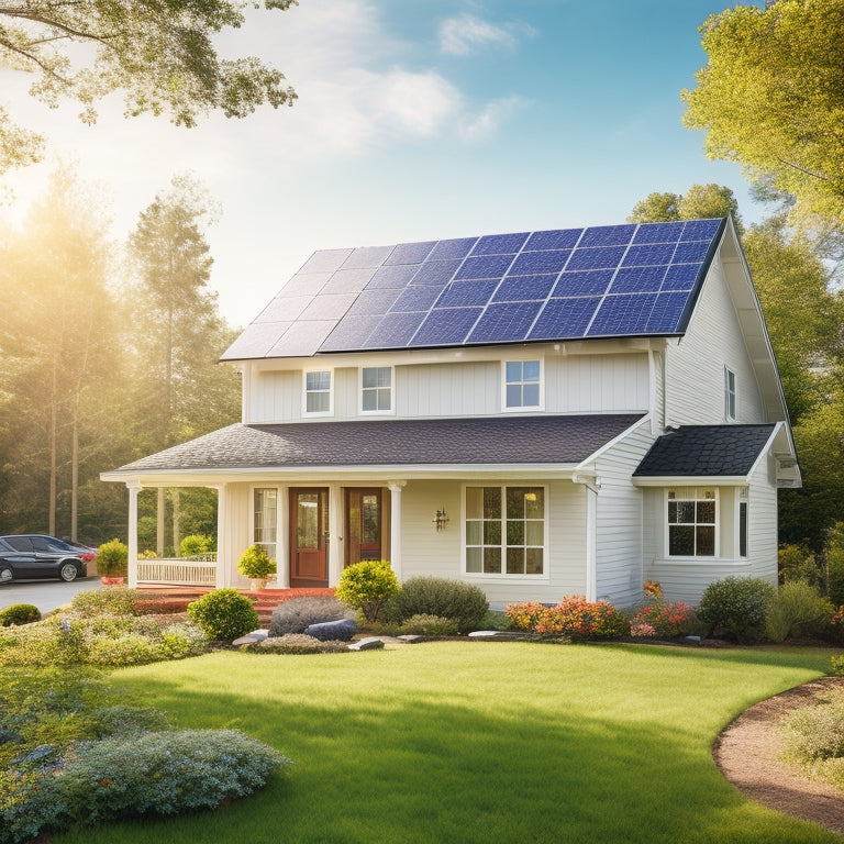 A serene suburban home with a mix of sunny and shaded areas, featuring a roof with a partially installed solar panel array, surrounded by lush greenery and a few fluffy white clouds.