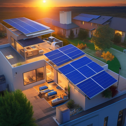 An illustration of a residential rooftop with solar panels, a battery storage unit, and a grid connection, showcasing energy flow between components during daylight, nighttime, and power outage scenarios.