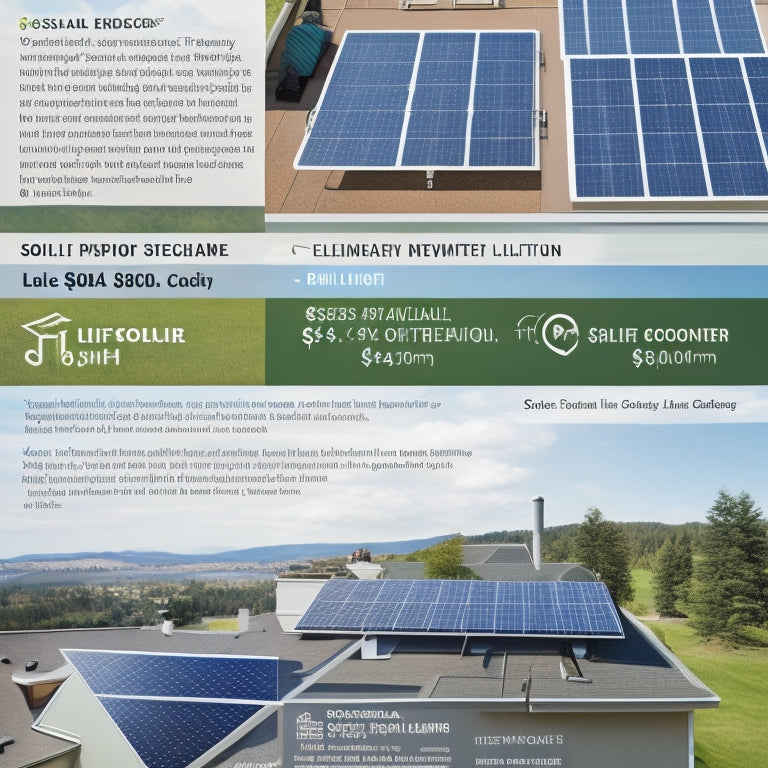 A split-screen image featuring a solar panel installation on a rooftop on one side, and a detailed breakdown of costs (infographic style) on the other, with icons and colors distinguishing between essential expenses.