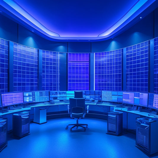 A futuristic, high-tech control room with sleek, curved monitors displaying real-time data, surrounded by rows of humming servers and blinking network cables, illuminated by soft blue and purple hues.