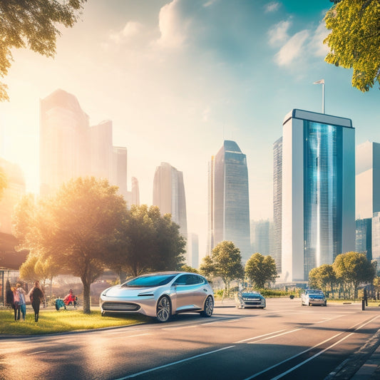 A futuristic cityscape with sleek, electric cars parked in designated sharing stations, surrounded by lush greenery, with a blurred background of moving traffic and a sunny, blue sky.