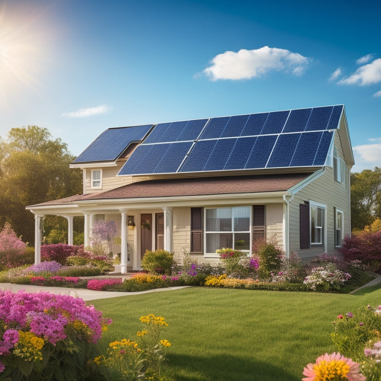 A serene suburban home with solar panels on the roof, a battery storage system in the background, and a gauge displaying a decreasing reliance on the grid, surrounded by blooming flowers and a sunny sky.