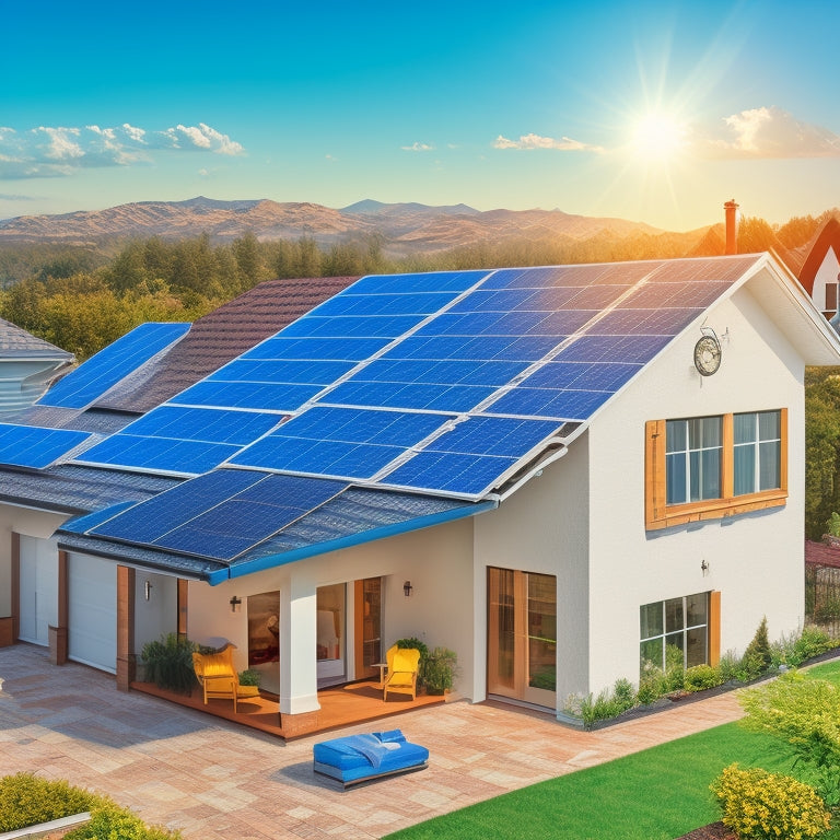 An illustration of a residential rooftop with varying solar panel sizes, angles, and installations, surrounded by icons of a house, money, sun, and a clock, with subtle grid lines and a soft, blue-grey background.