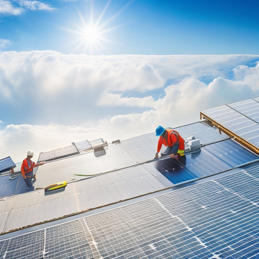 Aerial view of a roof with solar panels being installed, depicting a ladder, toolbox, and measuring tape, with a worker in a hard hat and harness, against a bright blue sky with fluffy white clouds.