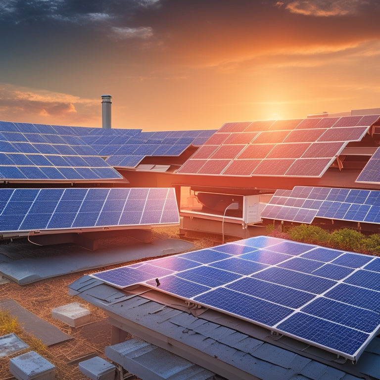 An illustration of a rooftop solar panel array with various inverters in the foreground, showcasing different shapes, sizes, and designs, surrounded by sparkling electrical sparks and subtle circuit board patterns.