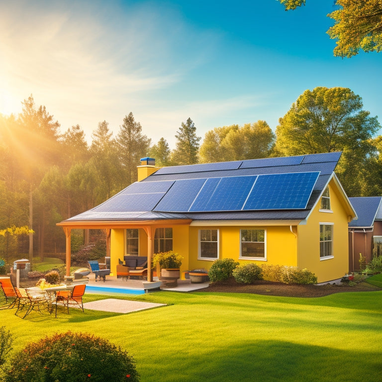 A serene suburban backyard with a single-story house, a sunny sky, and a few trees, featuring a technician in a yellow hard hat and orange vest installing solar panels on the roof.