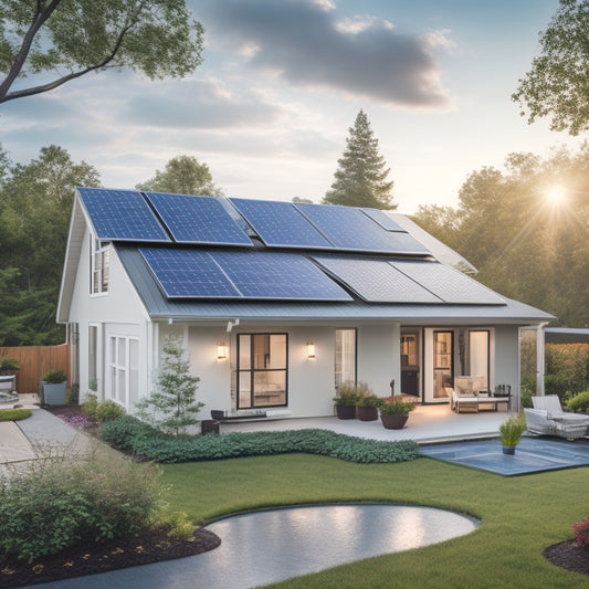 A serene suburban home with a mix of solar panels on the roof, a compact inverter on the side, and a sleek battery storage unit in the backyard, surrounded by lush greenery.