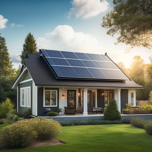 A serene suburban home with a sleek, black solar panel array installed on its rooftop, surrounded by lush greenery and a bright blue sky with a few puffy white clouds.