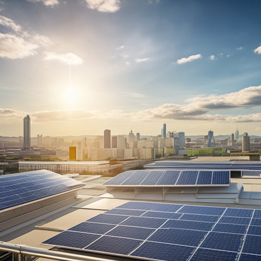 A futuristic rooftop with sleek, silver solar panels and a row of sleek, black battery storage units, surrounded by a cityscape with a bright blue sky and fluffy white clouds.