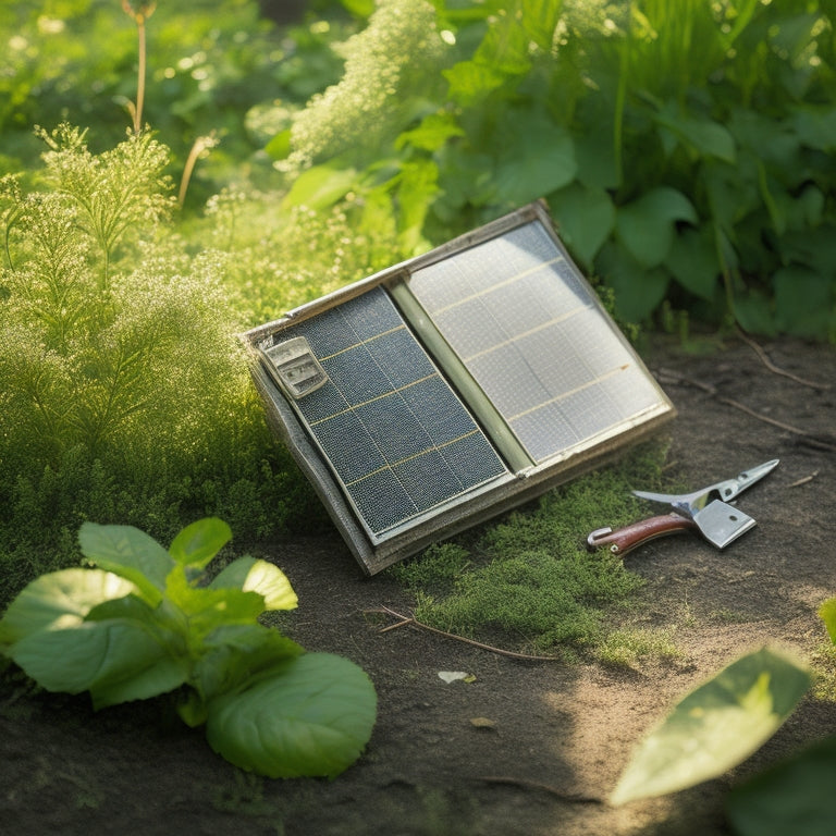 A worn, dusty solar panel with cracked glass and loose connections, surrounded by overgrown weeds and debris, with a subtle hint of a toolbox and gardening shears in the background.