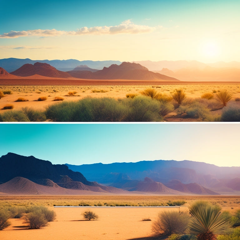 A split-screen image comparing a sunny desert landscape with a sleek, modern solar panel installation against a gloomy, urban cityscape with a cramped, outdated solar panel setup.