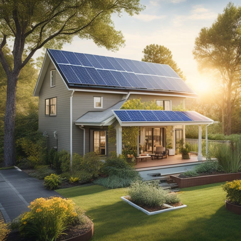 A serene suburban home with solar panels installed on its roof, surrounded by lush greenery, with a faint sun shining down, and a subtle hint of a toolbox and ladder in the corner.