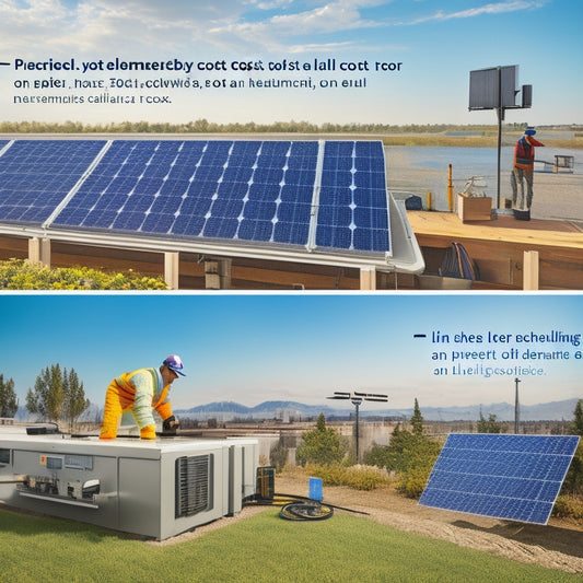 A split-screen illustration: on one side, a rooftop with solar panels, inverters, and mounting hardware; on the other, a breakdown of cost elements, including a meter, wire, and a worker's toolbox.