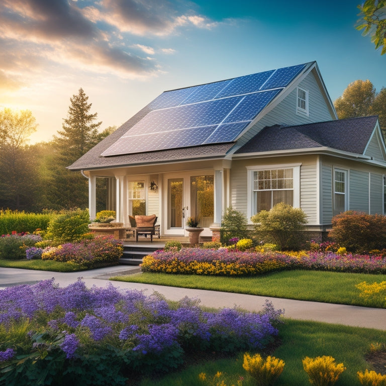 A serene suburban home with solar panels on the roof, surrounded by blooming flowers and a few leaves scattered on the ground, with a subtle hint of dirt and grime on the panels.