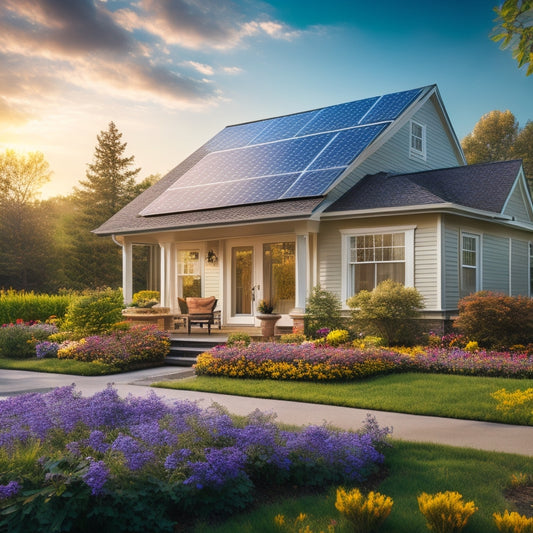 A serene suburban home with solar panels on the roof, surrounded by blooming flowers and a few leaves scattered on the ground, with a subtle hint of dirt and grime on the panels.