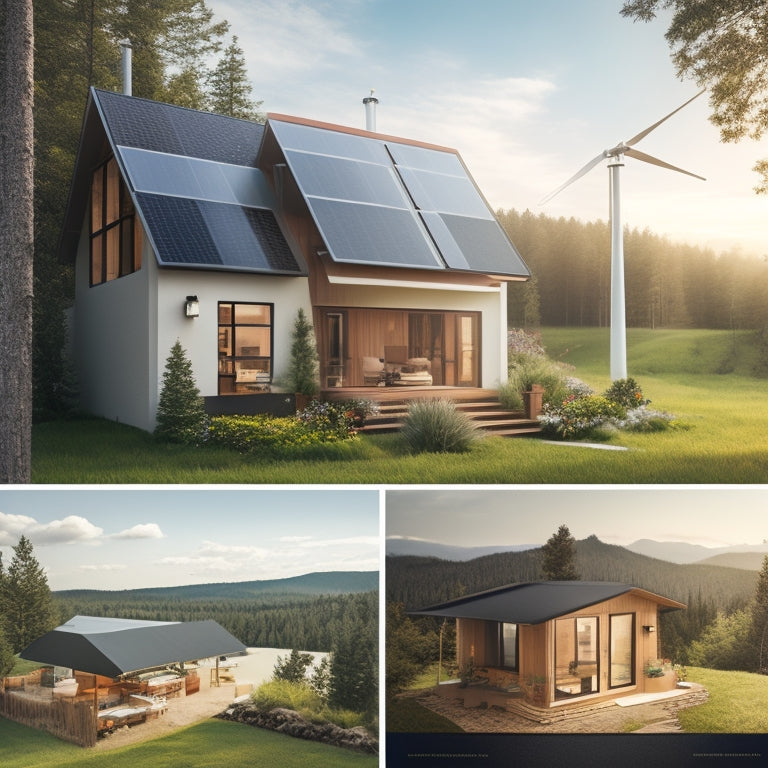 Illustrate a serene off-grid home surrounded by lush greenery, with a wind turbine and solar panels on the roof, a smart home automation hub on the wall, and a tablet displaying energy usage graphs.